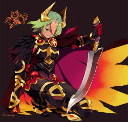 Rule 34 | 1girl, armor, armored boots, bad id, bad pixiv id, black background, boots, breastplate, cape, chibi, chibi inset, feather trim, fire emblem, fire emblem heroes, full body, gauntlets, green hair, guttary, horn ornament, horns, kneeling, laegjarn (fire emblem), laevateinn (fire emblem), lips, looking at viewer, multicolored hair, nintendo, on one knee, orange hair, purple lips, red eyes, short hair, simple background, solo, sword, twitter username, two-tone hair, weapon