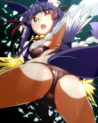 Rule 34 | 10s, 1girl, animal ears, ass, bra, breasts, brown bra, brown panties, commentary request, elbow gloves, erune, fang, fox ears, fox tail, gloves, granblue fantasy, hair ribbon, highres, hyudora, large breasts, long hair, open mouth, panties, purple hair, red eyes, ribbon, solo, spread legs, sweat, tail, underwear, yuel (granblue fantasy)