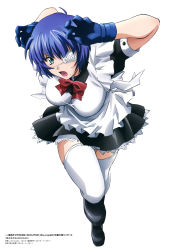 Rule 34 | 00s, 1girl, absurdres, ahoge, aqua eyes, black shirt, black skirt, blouse, blue gloves, blue hair, bow, bowtie, copyright name, eyepatch, full body, gloves, hair between eyes, highres, ikkitousen, looking at viewer, maid, miniskirt, mole, mole under mouth, official art, one eye covered, red bow, red bowtie, rin-sin, ryomou shimei, shirt, short hair, simple background, skirt, solo, thighhighs, v-shaped eyebrows, white background, white thighhighs