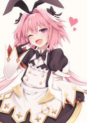 Rule 34 | 1boy, animal ears, astolfo (fate), astolfo (saber) (fate), black bow, black bowtie, black gloves, black thighhighs, bow, bowtie, braid, dress, fake animal ears, fang, fate/grand order, fate (series), finger to cheek, gloves, gold trim, hair bow, hair intakes, heart, light blush, long braid, long hair, low twintails, maid, male focus, multicolored hair, one eye closed, open mouth, pink hair, purple eyes, rabbit ears, sato (r017xts117), simple background, single braid, skin fang, skirt hold, smile, solo, streaked hair, thighhighs, trap, twintails, two-tone hair, very long hair, white background, white hair, wing collar