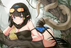 Rule 34 | 1girl, absurdres, arknights, arm strap, bandeau, black gloves, black hair, black scarf, blue eyes, blue hairband, blunt bangs, breasts, cleavage, commentary request, eunectes (arknights), gloves, goggles, goggles on head, hairband, highres, large breasts, looking at viewer, mango (mgo), pointy ears, scarf, short hair, snake tail, solo, strapless, tail, tube top