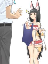 Rule 34 | 1girl, alternate costume, animal ears, azur lane, belt, bikini, black hair, blunt bangs, clothes hanger, collarbone, commander (azur lane), commentary request, fox ears, frilled swimsuit, frills, grey pants, holding, long hair, looking at another, looking at viewer, looking up, marimo daifuku, midriff, nagato (azur lane), navel, old school swimsuit, out of frame, pants, polka dot, polka dot bikini, school swimsuit, shirt, sidelocks, simple background, size difference, solo, sparkle, sweatdrop, swimsuit, v-shaped eyebrows, white background, white shirt, yellow eyes