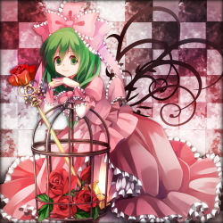 Rule 34 | 1girl, alternate color, arm ribbon, bad id, bad pixiv id, birdcage, cage, checkered background, dress, female focus, flower, front ponytail, green eyes, green hair, hair ribbon, kagiyama hina, key, matching hair/eyes, pink dress, plant, red flower, red rose, ribbon, ringpearl, rose, smile, solo, tiles, touhou, vines