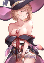 Rule 34 | 1girl, bad id, bad pixiv id, bare shoulders, between breasts, blonde hair, blush, box, breasts, brown eyes, cleavage, collarbone, djeeta (granblue fantasy), dress, gift, gift box, gloves, granblue fantasy, grin, hairband, hat, highres, looking at viewer, medium breasts, milli little, one eye closed, pleated skirt, purple dress, purple hat, short hair, short sleeves, simple background, skirt, smile, solo, valentine, warlock (granblue fantasy), white background, white gloves, white skirt, witch hat