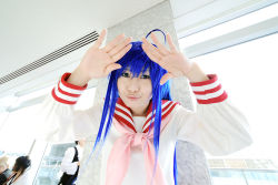 Rule 34 | ahoge, blue hair, cosplay, izumi konata, kochou ran, lucky star, photo (medium), sailor, school uniform, serafuku