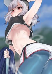 Rule 34 | 1girl, arched back, arm up, armpits, ass, azur lane, bare shoulders, black shirt, blue pantyhose, breasts, covered erect nipples, cowboy shot, crop top, crop top overhang, giulio cesare (azur lane), giulio cesare (fitness master) (azur lane), long hair, looking at viewer, medium breasts, midriff, navel, no bra, official alternate costume, ootani nonno, pantyhose, red eyes, shirt, short shorts, shorts, silver hair, sleeveless, sleeveless shirt, solo, standing, stomach, sweat, underboob, white shorts