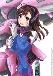 Rule 34 | 1girl, adjusting clothes, adjusting gloves, bad id, bad pixiv id, bodysuit, breasts, brown eyes, brown hair, d.va (overwatch), facial mark, gloves, headphones, long hair, mecha, meka (overwatch), overwatch, overwatch 1, pilot suit, robot, saruei, small breasts, solo, standing, whisker markings, white background