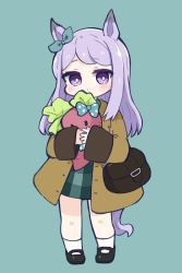 Rule 34 | 1girl, animal ears, bag, black footwear, blue bow, blush, bow, brown coat, chibi, closed mouth, coat, commentary request, ear ribbon, full body, green background, green ribbon, green skirt, highres, horse ears, horse girl, horse tail, long hair, looking at viewer, mejiro mcqueen (umamusume), nozo (hitomiz), hugging object, open clothes, open coat, plaid, plaid skirt, purple eyes, purple hair, ribbon, shoes, shoulder bag, simple background, skirt, socks, solo, standing, stuffed toy, tail, umamusume, white socks