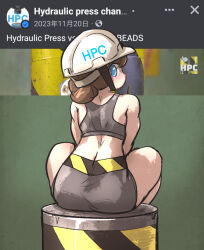 Rule 34 | 1girl, ass, ass focus, black shorts, black sports bra, blue eyes, brown hair, commentary, english commentary, fat joke, from behind, hard hat, helmet, highres, hydraulic press, ironlily, looking back, original, personification, short hair, shorts, solo, sports bra, white headwear, youtube