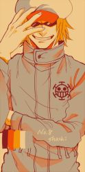 Rule 34 | 1boy, ag wolf, agito013, color guide, grin, hand on headwear, hat, heart pirates, jolly roger, limited palette, male focus, one piece, orange hair, palette (object), pirate, shachi (one piece), smile, solo, sunglasses