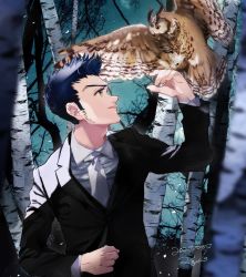 Rule 34 | 1boy, animal on arm, bird, bird on arm, black hair, brown eyes, forest, formal, hands up, highres, hunter x hunter, kigchi, leorio paladiknight, looking up, male focus, nature, owl, solo, suit