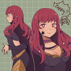 Rule 34 | 1girl, ashthelazy, belt, black cape, blush, bodysuit, breasts, cape, cleavage, clothing cutout, facial mark, facing viewer, fire emblem, fire emblem engage, from side, hair ornament, highres, long hair, medium breasts, nintendo, red hair, star (symbol), star facial mark, star hair ornament, yellow belt, yunaka (fire emblem)