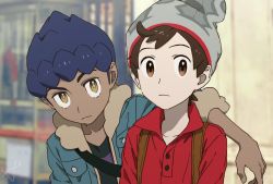 Rule 34 | 2boys, arm around shoulder, beanie, black shirt, blue jacket, blurry, blurry background, brown eyes, brown hair, buttons, cable knit, collarbone, commentary, creatures (company), dark-skinned male, dark skin, fur-trimmed jacket, fur trim, game freak, grey headwear, hat, highres, hop (pokemon), indoors, jacket, looking at viewer, male focus, multiple boys, nintendo, pokemon, pokemon swsh, purple hair, red shirt, sankaku, shirt, short hair, sleeves past elbows, symbol-only commentary, victor (pokemon), yellow eyes