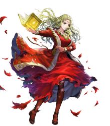 Rule 34 | 1girl, asatani tomoyo, black footwear, black pantyhose, blonde hair, book, breasts, circlet, cleavage, detached sleeves, dress, female focus, fingernails, fire emblem, fire emblem: the binding blade, fire emblem heroes, full body, green eyes, guinevere (fire emblem), highres, holding, holding book, jewelry, long dress, long hair, long skirt, long sleeves, medium breasts, necklace, nintendo, official art, pantyhose, parted bangs, pendant, red dress, skirt, solo, torn clothes, torn dress, torn pantyhose, transparent background