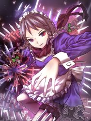 Rule 34 | 1girl, braid, bug, butterfly, danmaku, fighting stance, frills, gradient background, grey hair, insect, izayoi sakuya, knife, maid, maid headdress, minust, perfect cherry blossom, red eyes, scarf, solo, thigh strap, too many, too many knives, touhou, twin braids