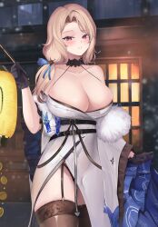 Rule 34 | 1girl, absurdres, bare shoulders, black gloves, black thighhighs, blonde hair, blue ribbon, blush, breasts, cleavage, coat, collarbone, fur-trimmed coat, fur-trimmed kimono, fur trim, gloves, goddess of victory: nikke, hair ribbon, highres, huge breasts, japanese clothes, kimono, lantern, long hair, looking at viewer, ludmilla (nikke), ludmilla (winter owner) (nikke), official alternate costume, orange eyes, paper lantern, parted bangs, ribbon, snowing, solo, thighhighs, two-tone kimono, vii22581034, white kimono