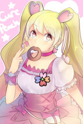 Rule 34 | 00s, 1girl, blonde hair, bow, character name, choker, cure peach, doughnut, earrings, eyelashes, food, fresh precure!, frills, hair ornament, heart, heart hair ornament, jewelry, long hair, magical girl, magister, momozono love, mouth hold, non-web source, pink bow, pink eyes, precure, puffy short sleeves, puffy sleeves, sash, short sleeves, solo, twintails, very long hair, wrist cuffs
