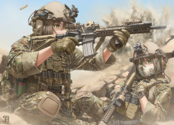 Rule 34 | 2girls, assault rifle, black hair, blurry, blurry background, brown hair, camouflage, commentary, english commentary, finger on trigger, firing, foregrip, gloves, green eyes, gun, headset, helmet, highres, jpc, load bearing vest, m4 carbine, military, multiple girls, original, rifle, shell casing, skull print, sleeves rolled up, soldier, watch, weapon, wristwatch, yellow eyes