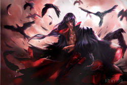 Rule 34 | 1boy, artist name, bird, black hair, cloak, feathers, forehead protector, jewelry, konohagakure symbol, long hair, male focus, naruto, naruto (series), necklace, crow, red eyes, richy truong, ring, solo, uchiha itachi