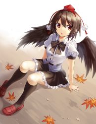 Rule 34 | 1girl, absurdres, black socks, black wings, bow, brown hair, dutch angle, hat, highres, kneehighs, leaf, looking at viewer, maple leaf, miniskirt, on ground, open mouth, pom pom (clothes), puffy short sleeves, puffy sleeves, red eyes, shameimaru aya, shirt, shoes, short hair, short sleeves, sitting, skirt, socks, solo, string, tokin hat, touhou, wings, yuusa