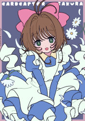 Rule 34 | 1girl, :d, apron, between legs, blue dress, border, bow, brown hair, cardcaptor sakura, collared dress, commentary request, copyright name, dated, dress, flower, frilled apron, frills, green eyes, hair bow, hair intakes, hand between legs, highres, juliet sleeves, kinomoto sakura, long sleeves, looking at viewer, neki (wakiko), open mouth, petals, pink border, pink bow, puffy sleeves, purple background, smile, solo, twitter username, white apron, white flower