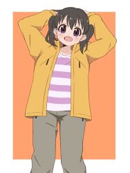 Rule 34 | 1girl, arms up, black hair, blush, dot nose, female focus, highres, jacket, kuraue hinata, looking at viewer, medium hair, open clothes, open jacket, open mouth, paka , pants, purple eyes, shirt, solo, standing, striped clothes, striped shirt, yama no susume