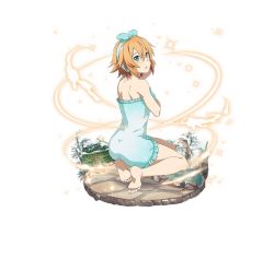 Rule 34 | 1girl, barefoot, blue eyes, blue towel, brown hair, faux figurine, feet, floral print, frills, from behind, full body, hair between eyes, kneeling, looking at viewer, naked towel, official art, parted lips, philia (sao), short hair, simple background, sitting, soles, solo, sword art online, toes, towel, white background