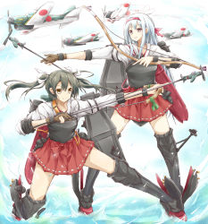 Rule 34 | 10s, 2girls, aircraft, aircraft carrier, airplane, armor, arrow (projectile), black hair, bow (weapon), brown eyes, brown gloves, fighting stance, fingerless gloves, gloves, hair ribbon, hairband, highres, kantai collection, karamoneeze, long hair, military, military vehicle, multiple girls, personification, ribbon, ship, shirt, shoukaku (kancolle), silver hair, single glove, skirt, smile, twintails, very long hair, warship, water, watercraft, weapon, zuikaku (kancolle)