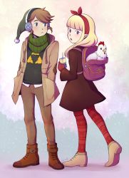 Rule 34 | 1boy, 1girl, artist name, backpack, bag, bird, blonde hair, blue eyes, boots, brown footwear, brown hair, chicken, coat, contemporary, cucco, earmuffs, eunnieboo, frown, gloves, green scarf, hair ribbon, hairband, hands in pockets, hat, highres, juice box, link, navi, nintendo, open mouth, pantyhose, pointy ears, princess zelda, red gloves, ribbon, scarf, signature, the legend of zelda