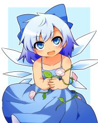 Rule 34 | blue dress, blue eyes, blue hair, bow, cirno, dress, fang, fang out, flower, hidden star in four seasons, ice, ice wings, looking at viewer, open mouth, peku (science santa-san), simple background, smile, solo, sundress, tanned cirno, touhou, wings