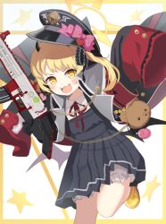 Rule 34 | 1girl, absurdres, armband, black coat, black dress, black hat, black wings, blonde hair, bloomers, blue archive, coat, collared shirt, dress, gun, halo, hat, highres, holding, holding gun, holding weapon, homulily, ibuki (blue archive), long hair, open clothes, open coat, peaked cap, red armband, shirt, side ponytail, sleeves past fingers, sleeves past wrists, solo, underwear, weapon, white bloomers, white shirt, wings, yellow eyes, yellow halo
