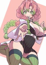 Rule 34 | 1girl, absurdres, belt, black skirt, braid, breasts, cleavage, demon slayer uniform, gradient hair, green eyes, green hair, green thighhighs, haori, highres, jaguarsee, japanese clothes, kanroji mitsuri, kimetsu no yaiba, large breasts, long hair, looking at viewer, mole, mole under each eye, mole under eye, multicolored hair, multiple braids, multiple moles, outstretched arm, partially unbuttoned, pink hair, pleated skirt, ribbed legwear, ribbed thighhighs, sheath, sheathed, skirt, solo, teeth, thighhighs, tri braids, v, weapon, whip sword, white belt