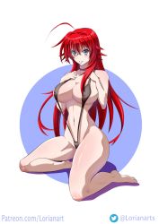 Rule 34 | 1girl, ahoge, barefoot, black one-piece swimsuit, blue eyes, blush, breasts, cleavage, covered erect nipples, curvy, feet, female focus, high school dxd, highres, kneeling, large breasts, long hair, looking at viewer, lorianarts, navel, one-piece swimsuit, patreon username, red hair, rias gremory, slingshot swimsuit, smile, solo, swimsuit, thick thighs, thighs, toes, twitter username, watermark, web address, wide hips