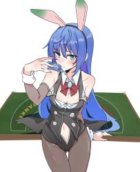 Rule 34 | 1girl, animal ears, bare shoulders, black leotard, blue hair, blush, bow, bowtie, breasts, brown pantyhose, bu4321, card, character request, cleavage, closed mouth, clothing cutout, collarbone, copyright request, cowboy shot, detached collar, detached sleeves, fake animal ears, gluteal fold, green eyes, groin, hairband, hand up, highres, holding, holding card, leotard, long hair, medium breasts, navel cutout, pantyhose, playboy bunny, poker table, rabbit ears, red bow, red bowtie, simple background, sitting, solo, table, white background