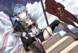 Rule 34 | 10s, 1girl, anti-materiel rifle, black thighhighs, blue hair, bolt action, boots, breasts, cleavage, dutch angle, flag, gun, hammer and sickle, hews, highres, knee boots, md5 mismatch, pgm hecate ii, resolution mismatch, rifle, self-upload, short shorts, shorts, sinon, sitting, sniper rifle, solo, source smaller, spread legs, sword art online, thighhighs, thighs, vest, weapon