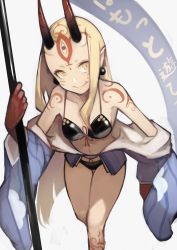 Rule 34 | 1girl, absurdres, bare legs, bare shoulders, bikini, black bikini, blonde hair, blue kimono, blue sky, breasts, commentary request, earrings, facial mark, fang, fate/grand order, fate (series), forehead mark, highres, holding, holding weapon, horns, ibaraki douji (fate), ibaraki douji (fate/grand order), ibaraki douji (swimsuit lancer) (fate), ibaraki douji (swimsuit lancer) (first ascension) (fate), japanese clothes, jewelry, kimono, leaning forward, leg tattoo, long hair, looking at viewer, navel, off shoulder, oni, oni horns, outside border, pointy ears, shoulder tattoo, simple background, sky, smile, solo, swimsuit, tattoo, translation request, very long hair, weapon, white background, yellow eyes, yoshio (55level)