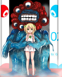 Rule 34 | 1girl, bare arms, bare shoulders, blonde hair, blue eyes, collarbone, commentary request, dress, eldritch abomination, expo2025, extra eyes, frilled dress, frills, green eyes, green ribbon, hair ribbon, highres, horror (theme), monster, myaku-myaku, open mouth, oshiruko (uminekotei), ribbon, saliva, sandals, shaded face, sleeveless, sleeveless dress, standing, two side up, white dress, white footwear