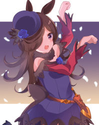 Rule 34 | 1girl, animal ears, arm up, bare shoulders, black footwear, blue dress, blue flower, blue hat, blue rose, blush, brown hair, commentary request, dagger, dress, flower, hair over one eye, hand up, hat, hat flower, hidejiu, high heels, highres, horse ears, horse girl, horse pose, horse tail, knife, long hair, long sleeves, looking at viewer, off-shoulder dress, off shoulder, open mouth, purple eyes, rice shower (umamusume), rose, shoes, solo, tail, tilted headwear, umamusume, very long hair, weapon