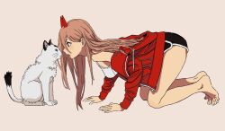Rule 34 | 1girl, all fours, bare legs, barefoot, black shorts, blush, breasts, brown eyes, brown hair, cat, chainsaw man, commentary, demon horns, dolphin shorts, english commentary, feet, full body, hair between eyes, highres, hood, hood down, hooded jacket, horns, jacket, legs, light brown background, long hair, long sleeves, looking at another, medium breasts, meowy (chainsaw man), open clothes, open jacket, open mouth, power (chainsaw man), red horns, red jacket, ringed eyes, shadow, shiren (ourboy83), short shorts, shorts, simple background, tank top, thighs, toenails, toes, unzipped, white tank top