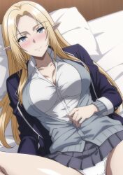 1girl alpha_(kage_no_jitsuryokusha_ni_naritakute!) black_jacket blonde_hair blue_eyes blush breasts cardigan cleavage closed_mouth collarbone collared_shirt grey_cardigan grey_skirt highres jacket kage_no_jitsuryokusha_ni_naritakute! long_hair lying makiri_akira miniskirt on_back on_bed panties pantyshot pillow pleated_skirt pointy_ears shirt skirt smile solo underwear white_panties white_shirt