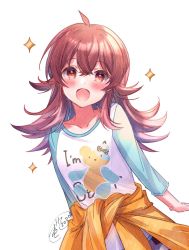 Rule 34 | 1girl, :o, ahoge, animal print, bear print, clothes around waist, clothes writing, commentary request, crossed bangs, highres, idolmaster, idolmaster shiny colors, ittokyu, jacket, jacket around waist, komiya kaho, long hair, looking at viewer, orange jacket, raglan sleeves, red eyes, red hair, solo, sparkle, white background
