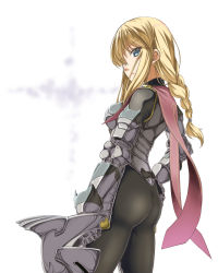 Rule 34 | 1girl, armor, ass, blue eyes, bodysuit, braid, contrapposto, cowboy shot, couter, female focus, flat ass, gauntlets, hand on own hip, helmet, looking at viewer, looking back, original, shimotsuki iko, single braid, solo, standing, thighs