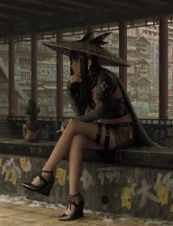 Rule 34 | 1girl, absurdres, belt, black eyes, black hair, blue eyes, blunt bangs, breasts, building, cactus, cigarette, closed mouth, commentary, crossed legs, earrings, english commentary, graffiti, guweiz, hair ornament, hairclip, hat, high heels, highres, jewelry, lips, long hair, looking away, midriff, original, shorts, sitting, small breasts, solo, thigh strap, wedge heels