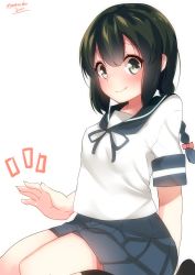 Rule 34 | 10s, 1girl, arm behind back, black hair, blush, braid, check commentary, commentary request, hair ribbon, highres, isonami (kancolle), kantai collection, long hair, looking at viewer, nebusoku, pleated skirt, ribbon, school uniform, seiza, serafuku, simple background, sitting, skirt, smile, solo, twitter username, white background