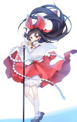 Rule 34 | 1girl, absurdres, aiko ichigocchi, ankle socks, ascot, black hair, bloomers, bow, detached sleeves, floating hair, full body, gohei, hair bow, hair tubes, hakurei reimu, highres, japanese clothes, long hair, looking at viewer, mary janes, miko, red eyes, shoes, simple background, skirt, socks, solo, touhou, underwear