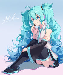 Rule 34 | 1girl, ahoge, black footwear, black skirt, black sleeves, black thighhighs, blue background, blue eyes, blue hair, boots, closed mouth, collared shirt, commentary, detached sleeves, full body, gradient background, gradient hair, hand up, hatsune miku, headphones, headset, highres, long hair, long sleeves, multicolored hair, panties, pink background, pleated skirt, shirt, skirt, sleeveless, sleeveless shirt, smile, solo, symbol-only commentary, taka (0taka), thigh boots, thighhighs, twintails, underwear, very long hair, vocaloid, white panties, white shirt, wide sleeves