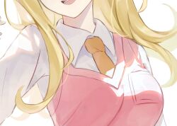 Rule 34 | 1girl, :d, akamatsu kaede, breasts, collared shirt, danganronpa (series), danganronpa v3: killing harmony, fuwa ko, head out of frame, highres, large breasts, long sleeves, necktie, open mouth, orange necktie, pink vest, shirt, simple background, smile, solo, teeth, tongue, upper teeth only, vest, white background, white shirt
