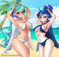 Rule 34 | 2girls, armpits, beach, bikini, breasts, celestia (my little pony), clothes, cloud, hasbro, large breasts, luna (my little pony), multiple girls, my little pony, my little pony: friendship is magic, nail polish, personification, racoon-kun, sand, siblings, sisters, sky, smile, swimsuit, water