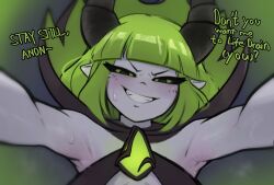 Rule 34 | 1girl, armpits, bare arms, bare shoulders, black eyes, blunt bangs, colored sclera, dota (series), dota 2, english text, femdom, green background, green hair, green sclera, grin, half-closed eyes, highres, horns, medium hair, pointy ears, smile, solo, sorapoi, sweat, teeth, upper body