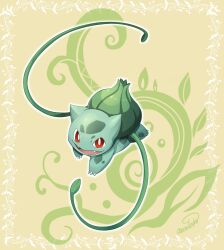 Rule 34 | bulbasaur, claws, creatures (company), fangs, floral background, full body, game freak, gen 1 pokemon, inosuke (monstruo), looking at viewer, nintendo, open mouth, pokemon, pokemon (creature), red eyes, signature, smile, solo, vine whip
